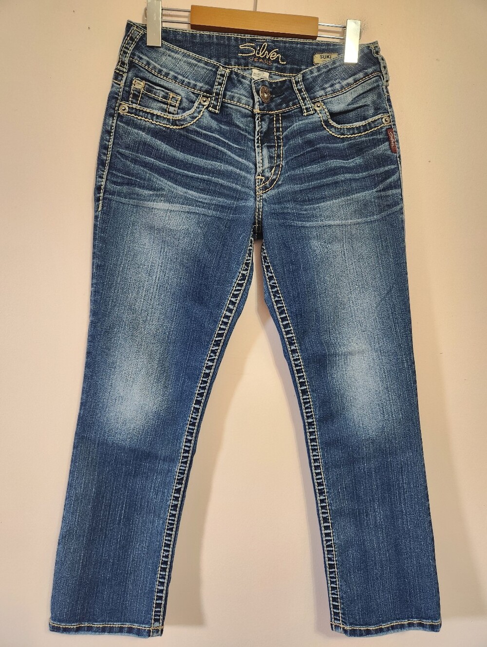 Silver Jeans Suki Capri W29 Thick Stitch Y2K Denim Distressed Crop Jeans